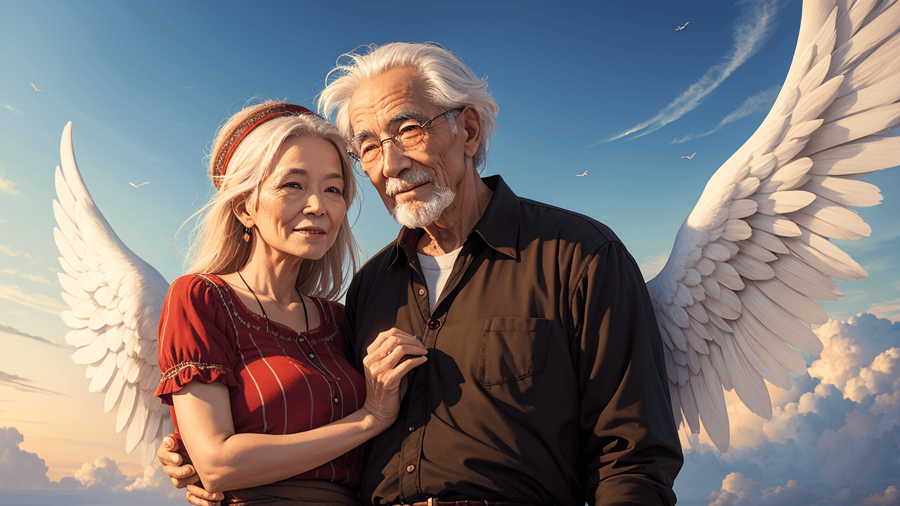AI generated: old peasant couple in heaven, (angels) ((sky))