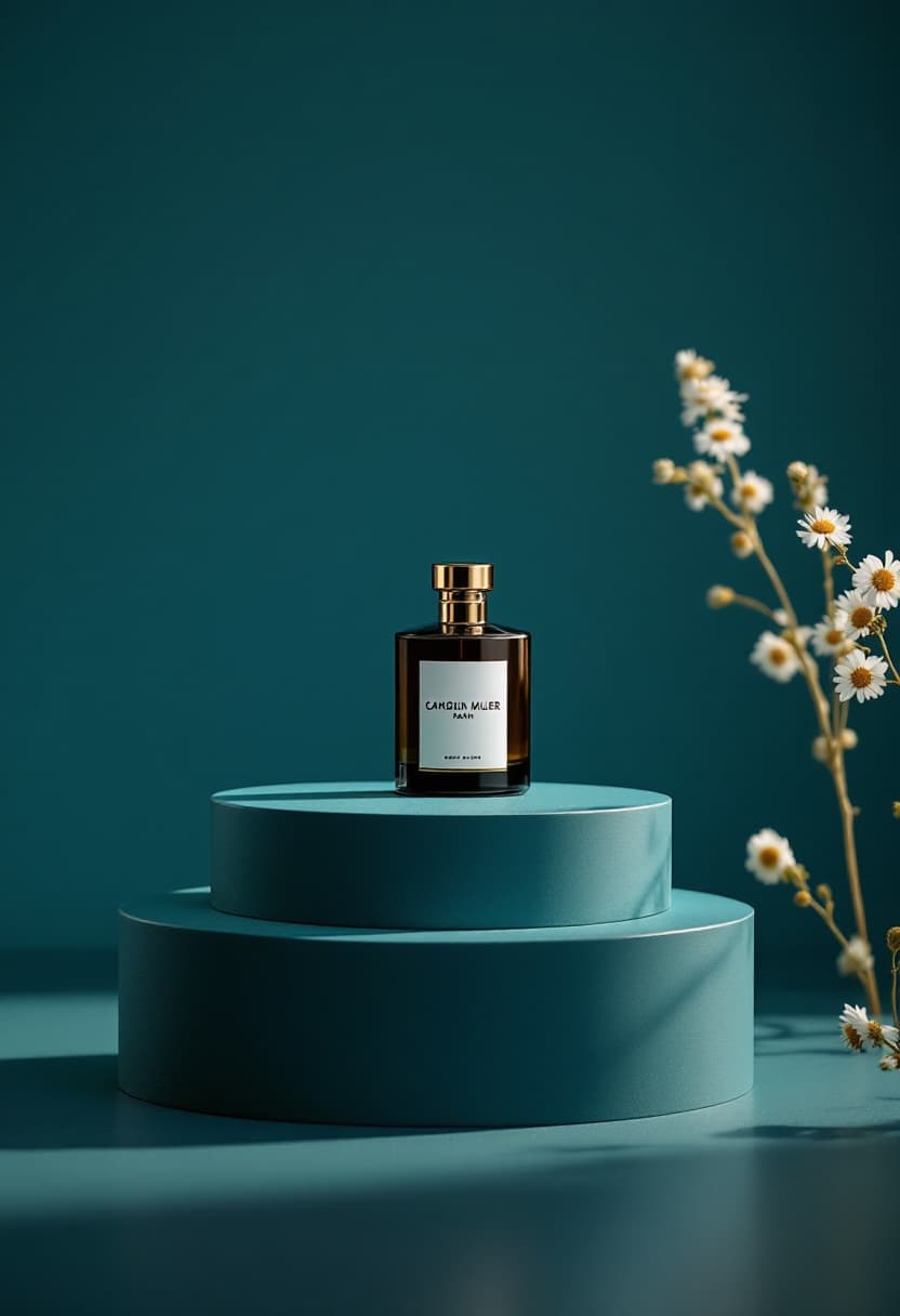AI generated: photograph, productive view, cylinder podium with perfume, Sony A7R IV with a FE 50mm f/1.2 GM lens,...