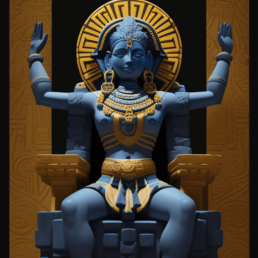 AI generated: A Maya-inspired figure in a dark blue, yellow-accented garb sits on a glyph-adorned throne against a...