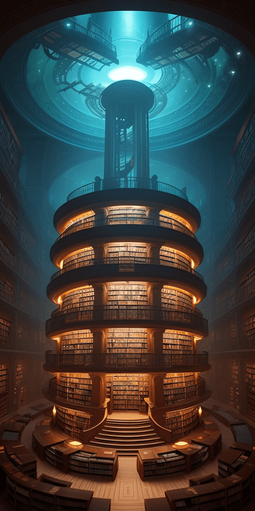 AI generated: circular infinite library, magical library, fantasy library, surreal library, difuse lights