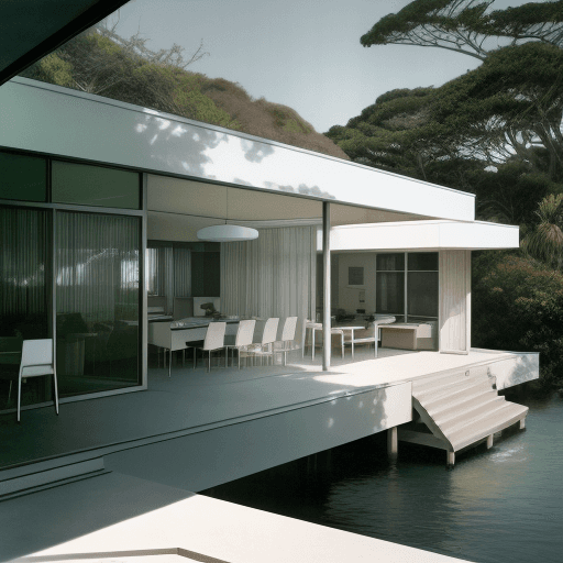 AI generated: Hyper realistic eye level exterior photo of a mid century modern style house overlooking the ocean, ...