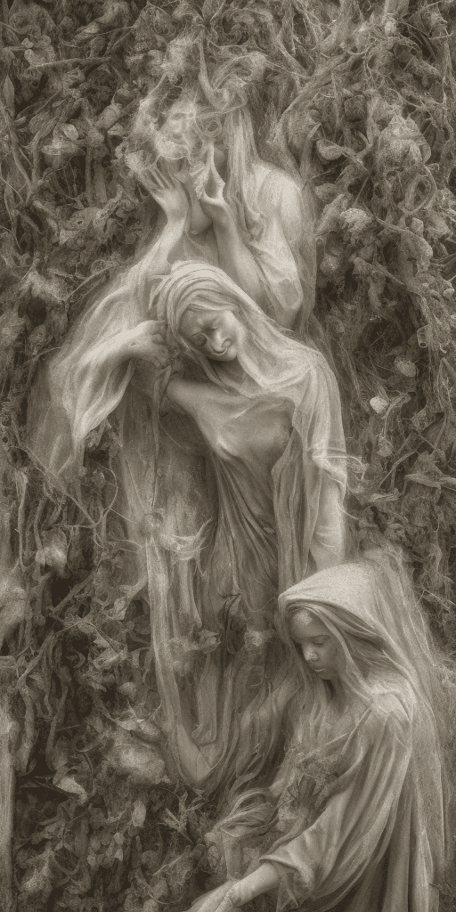 AI generated: A landscape of the mythical figure of Mary, the weeping woman, outside a cemetery at night. There is...