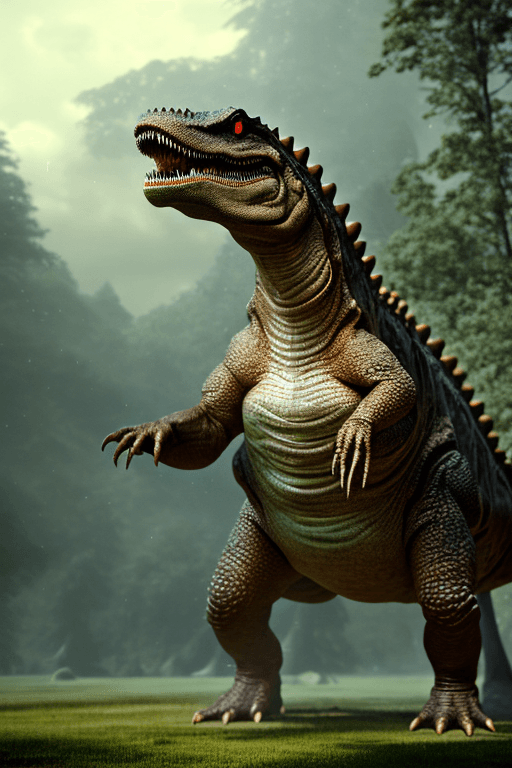 AI generated: titanosaurus, giant walking spinosaurus on hind legs, head of a newt, spinosaurus, large dorsal sail...
