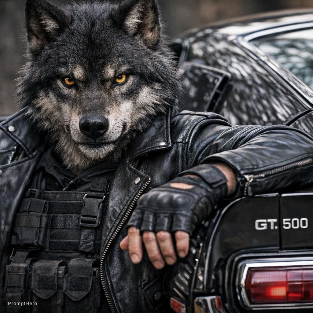 AI generated: Realistic, male humanoid wolf, black open leather jacket with black military gear underneath it, no ...