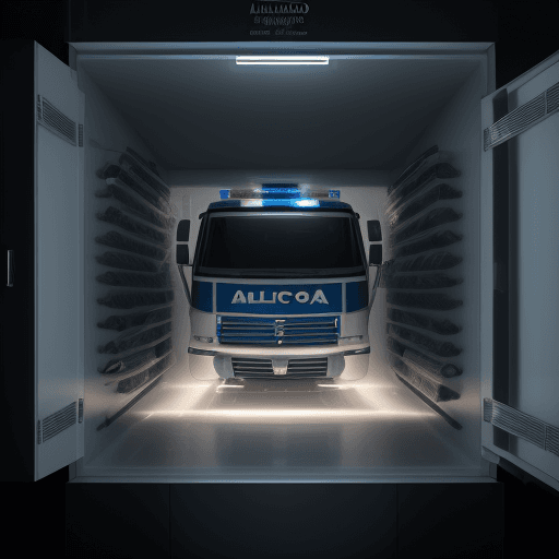 AI generated: Foto de un policía, abriendo refrigerador vacio, ultrarrealista, luz espectacular, amanecer pálido, ...
