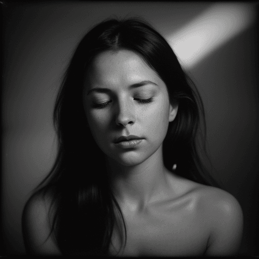 AI generated: 4K image, Black and White, sharp catch lights in eyes, A soul-stirring  portrait of a woman, eyes cl...
