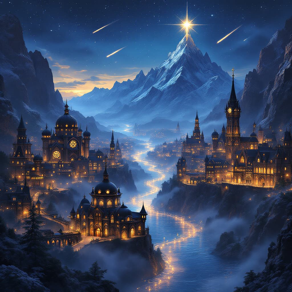 AI generated: A hyper-realistic, breathtaking night view of a fantasy city, nestled between towering dark mountain...