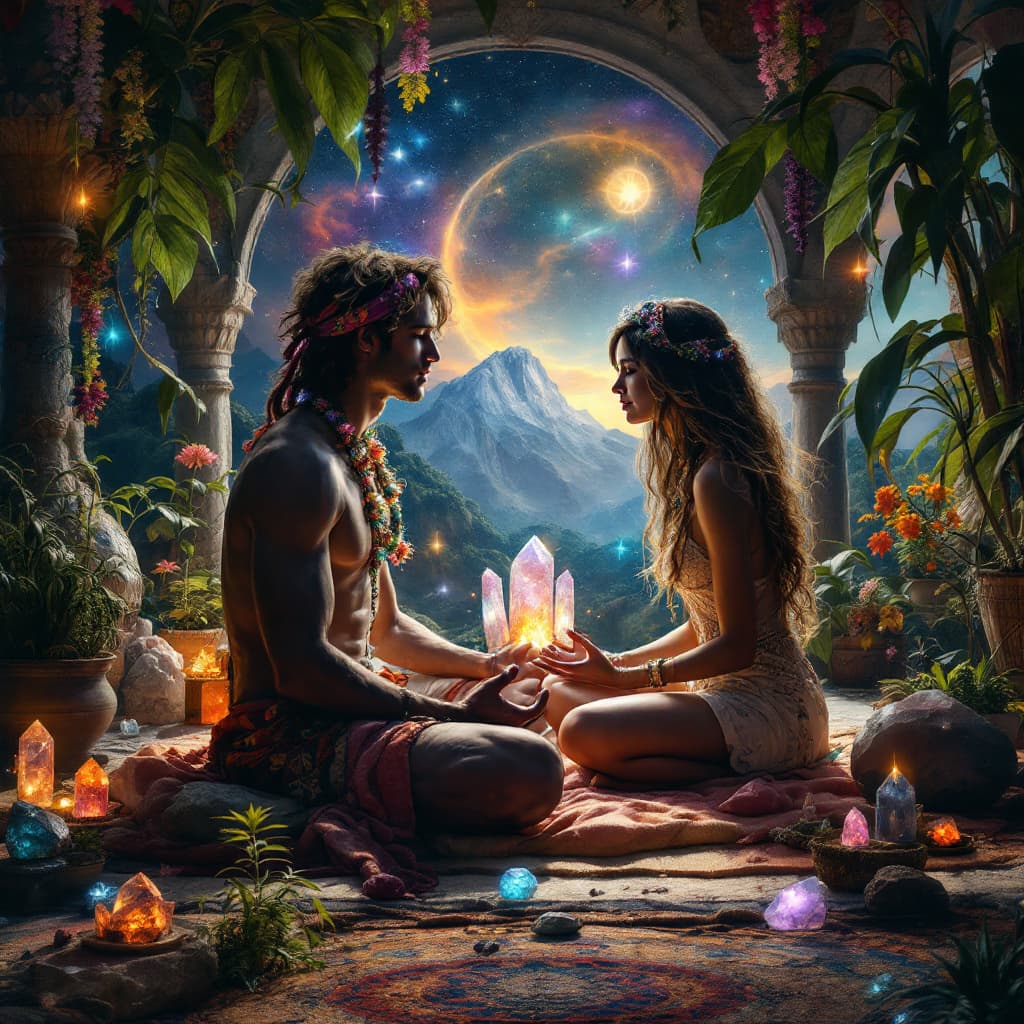 AI generated:  A painting by AI intelligence, Zen, heavy vibes, souls intertwining.  room for meditation with larg...