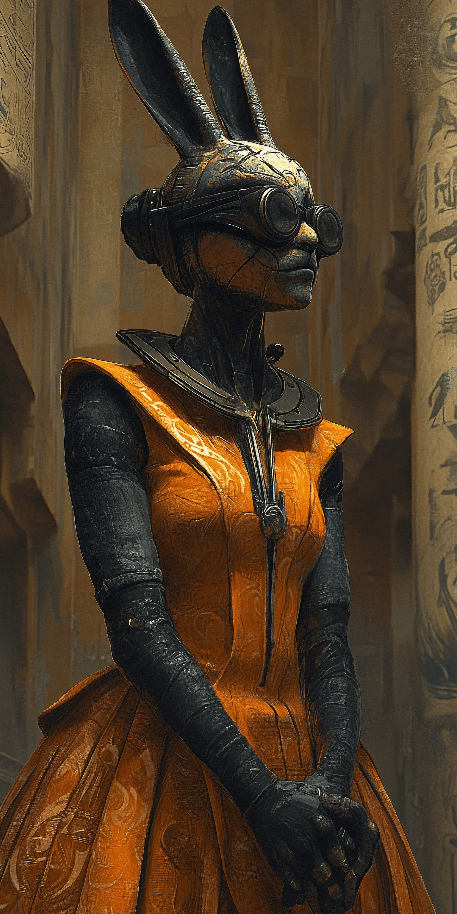 AI generated: An anthropomorphic rabbit in an orange dress, cyberpunk art nouveau, intricate costumes, dark brown ...