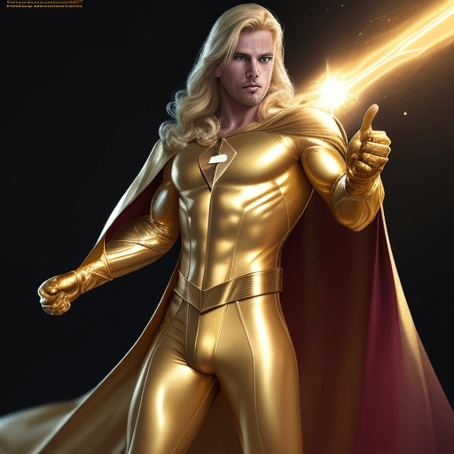 AI generated: male super hero named champion blond hair, no symbol, skin tight gold suit, gold cape, gold gloves, ...