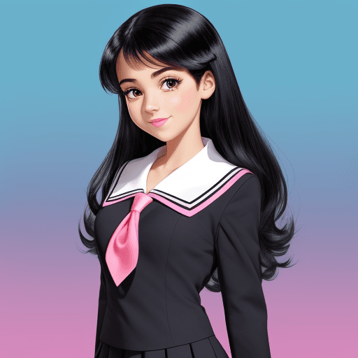 AI generated: black hair, disney style, cute, pretty, bright background, fantasy, school uniform