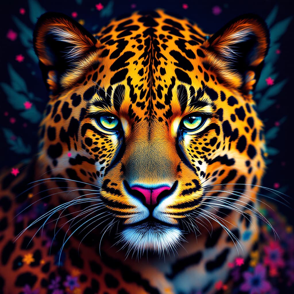 AI generated: Hawaiian artists, modern portrait series of a Leopard in colorful wear, in the style of aggressive d...