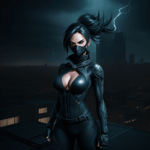 AI generated: Digital artwork, concept art, a female ninja with edit Hero logo on her chest, standing on rooftop w...