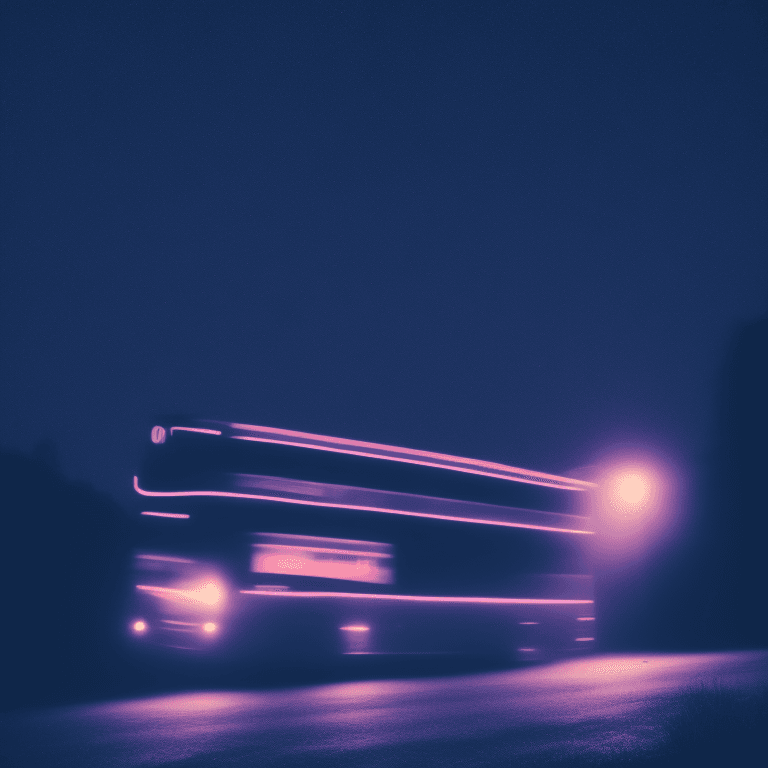 AI generated: view of a dark bus in the middle of the night, moonlight,  eerie lighting with neon mist