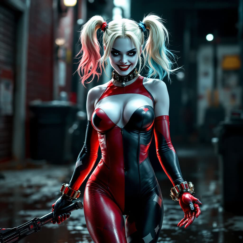 AI generated: 
Harley Quinn full body long shot, pose in  her  original  costume, deviant smile,  in the  style  o...