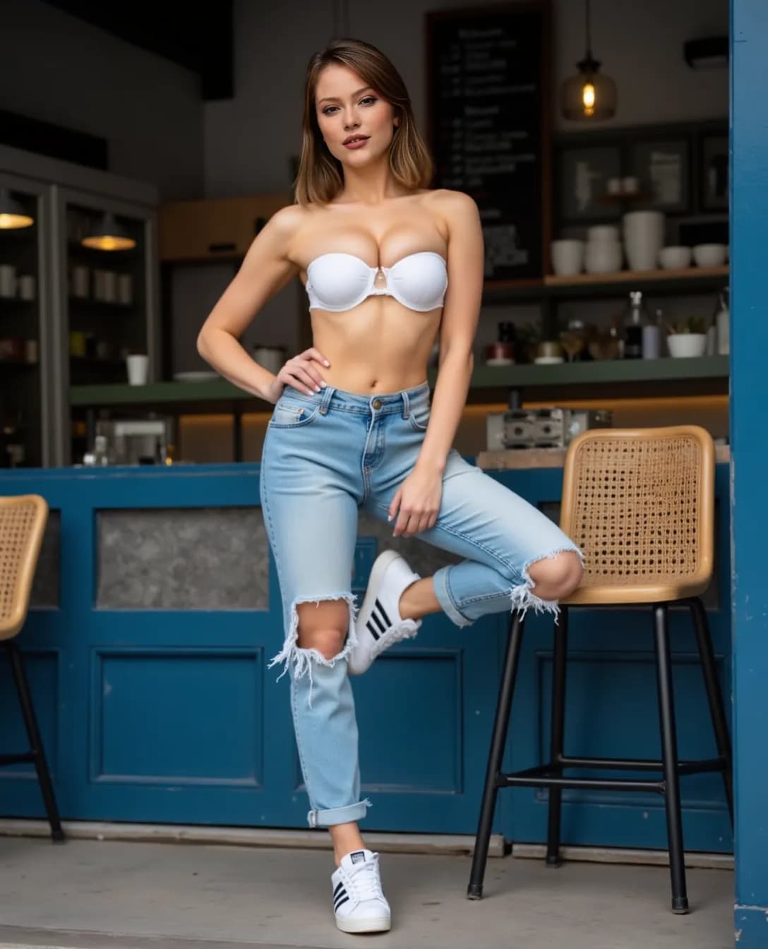 AI generated: Create a 100% realistic cinematic seduction image from girl, she wearing a sheer white bandeau top.....