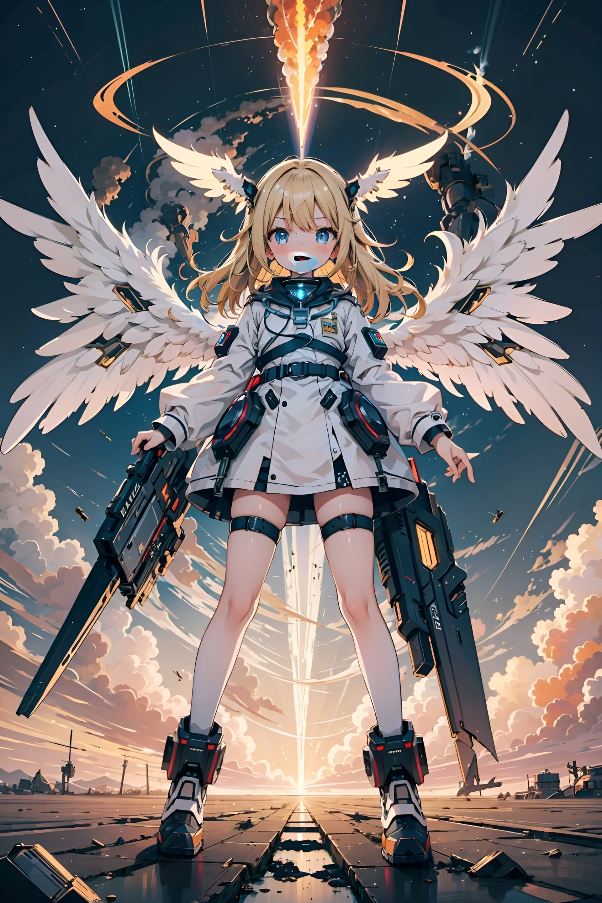 AI generated: (masterpiece), best quality, expressive eyes, perfect face, a techno-angel with wings action zoomed ...