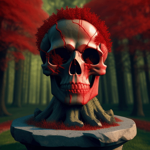 AI generated: skull statue(background) , lots of red trees in forground , a green portrait with left shadows (midg...