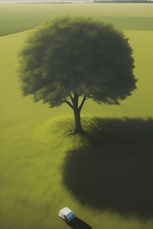 AI generated: Hyperrealism, Minimalism, Cinematic, grassy landscape with a stunning lone oak tree, High angle view