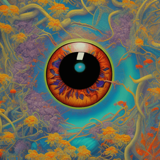 AI generated: a  painting of an eye with purple and orange flowers, in the style of james jean, mysterious jungle,...