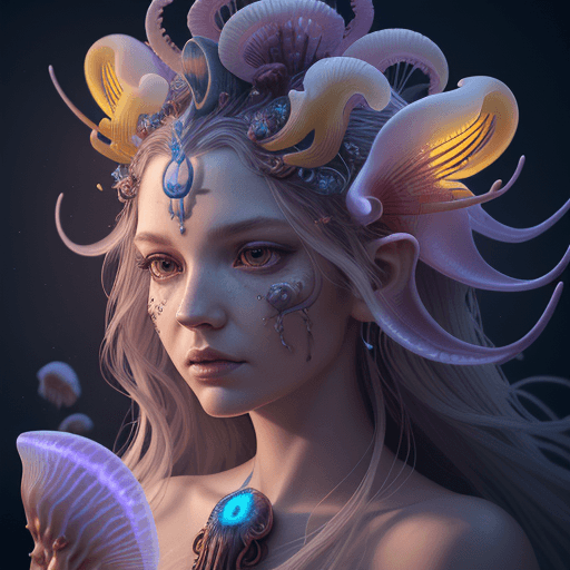 AI generated: Goddess close-up portrait ribcagel. jellyfish phoenix head, nautilus, orchid, skull, betta fish, bio...