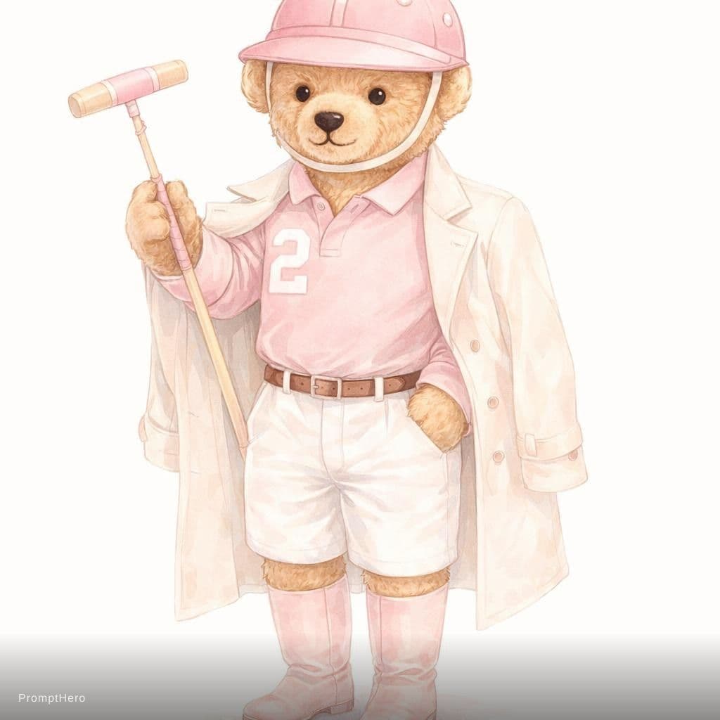 AI generated: Full-body illustration of the iconic Ralph Lauren Polo Bear, reimagined in a soft pastel pink aesthe...