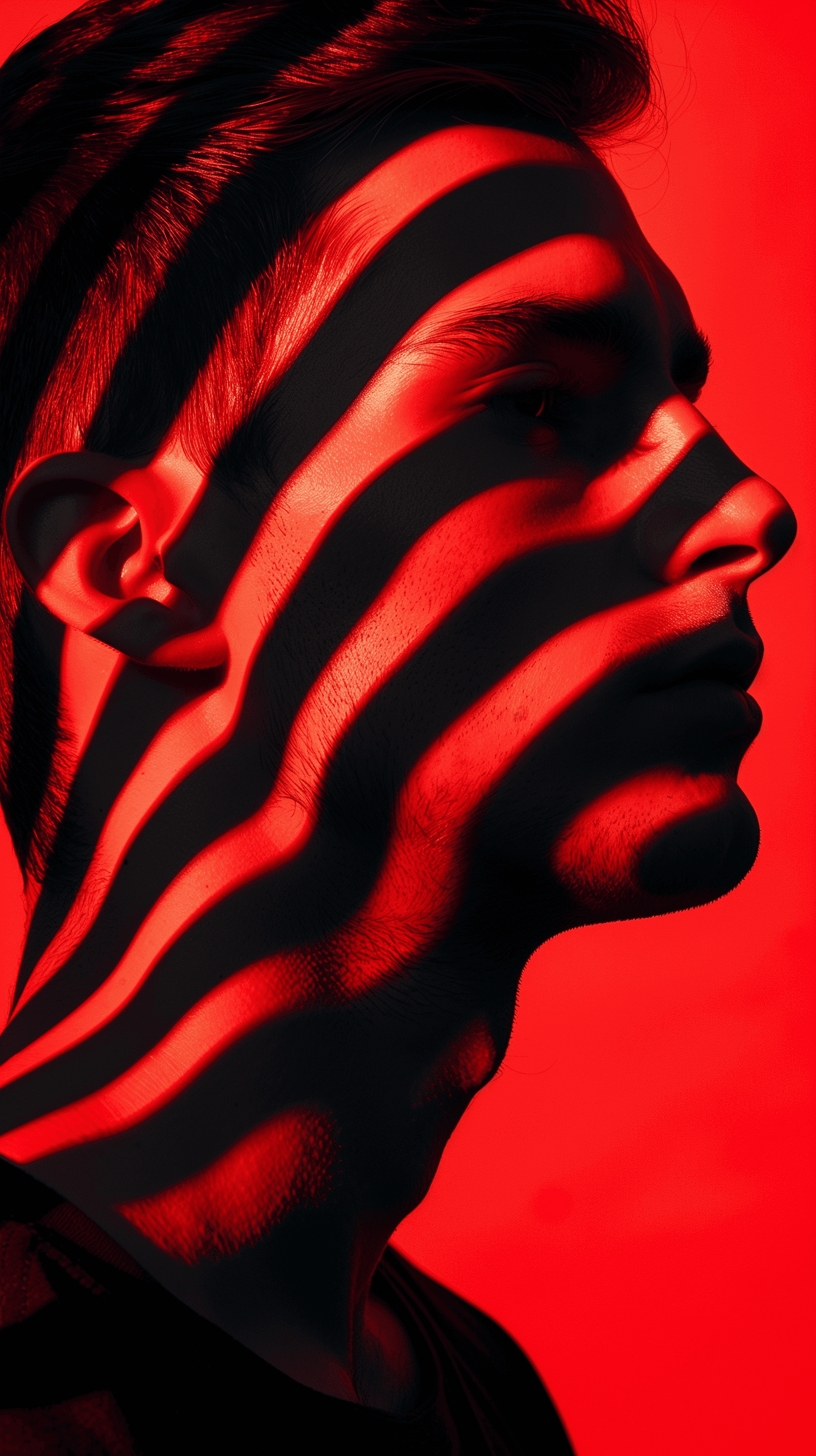 AI generated: modern art, man model face side with minimalist overlay of stripes graphic design, flat, focus on th...