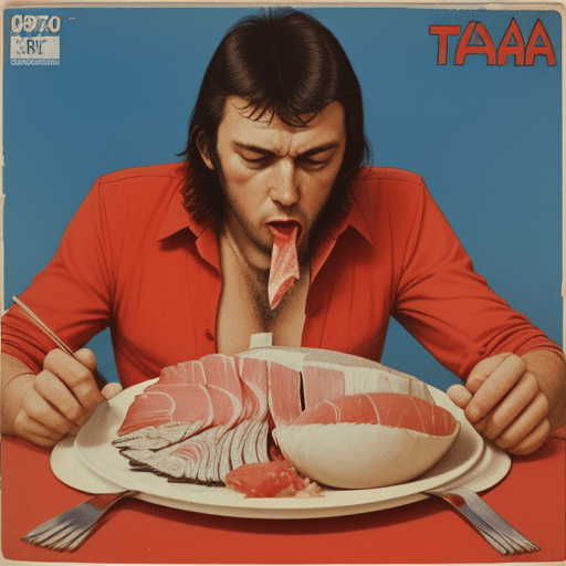 AI generated: In the style of a 1970's Yugoslavian record cover, a man eating a raw tuna fish