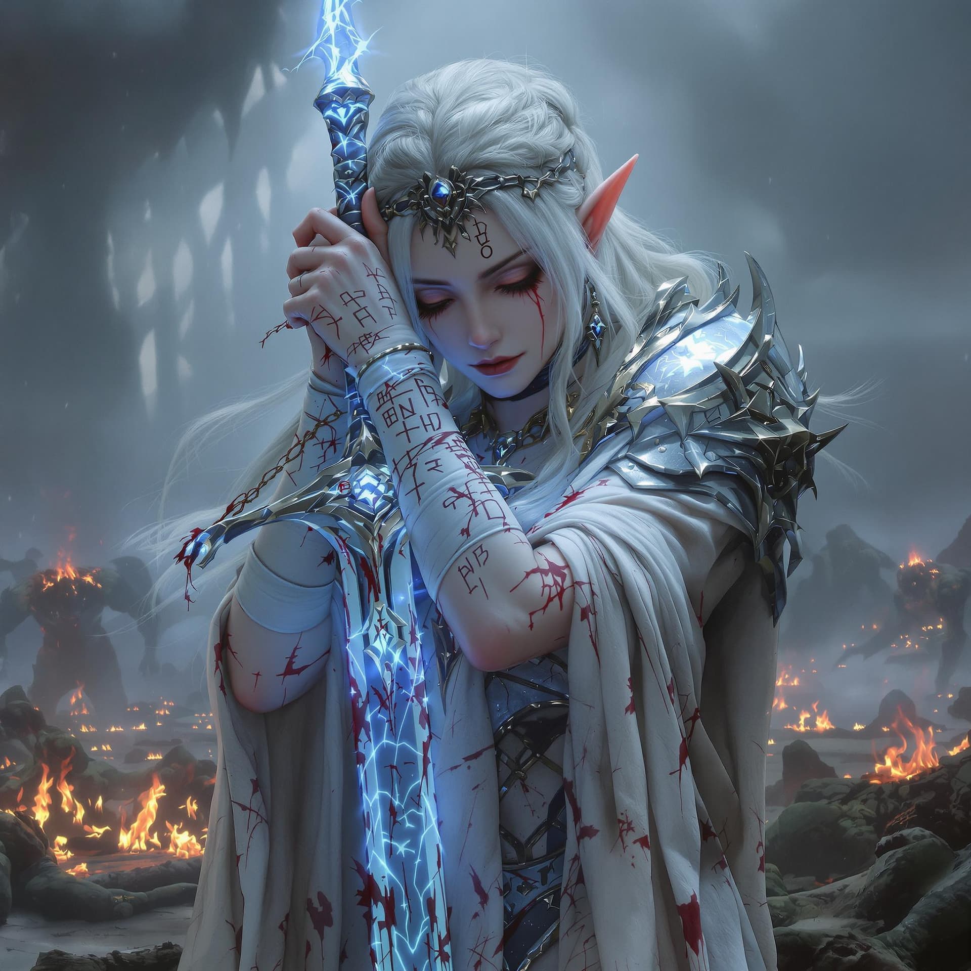 AI generated: er-white hair, adorned with delicate braids and a jeweled headdress. She has pale skin, glowing myst...