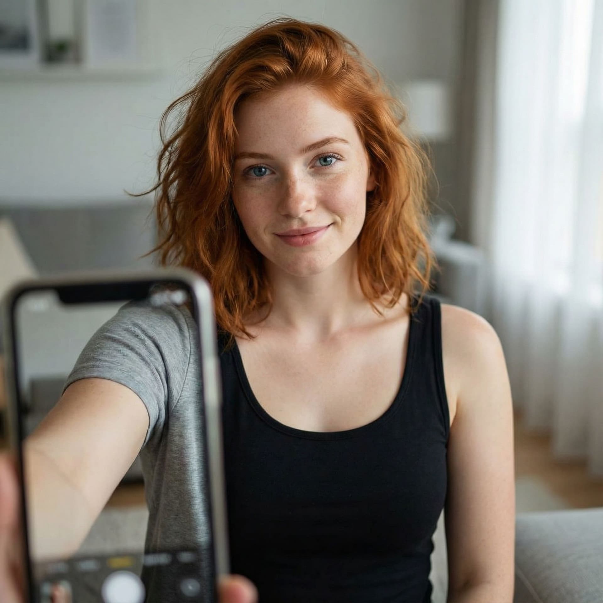 AI generated: POV smartphone selfie — first-person perspective as if the viewer is the phone. An attractive young ...