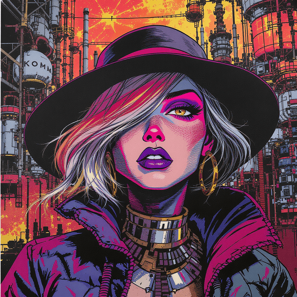 AI generated: dessin animé avec un visage de femme coloré entouré d'une ville, dans le style de Tim Doyle, formes ...