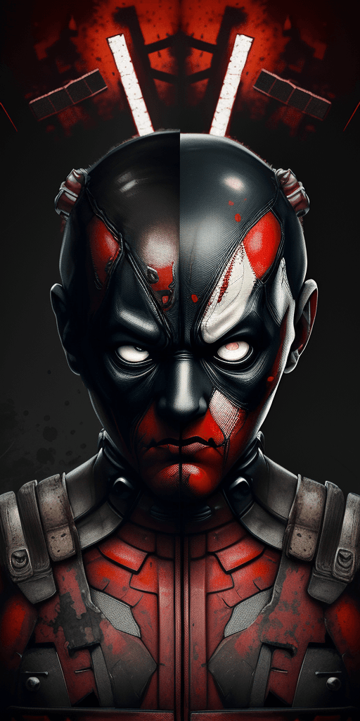 AI generated: Overlay Japanese type. A poster with of deadpool, extremely detailed eyes and face, portrait, bloody...