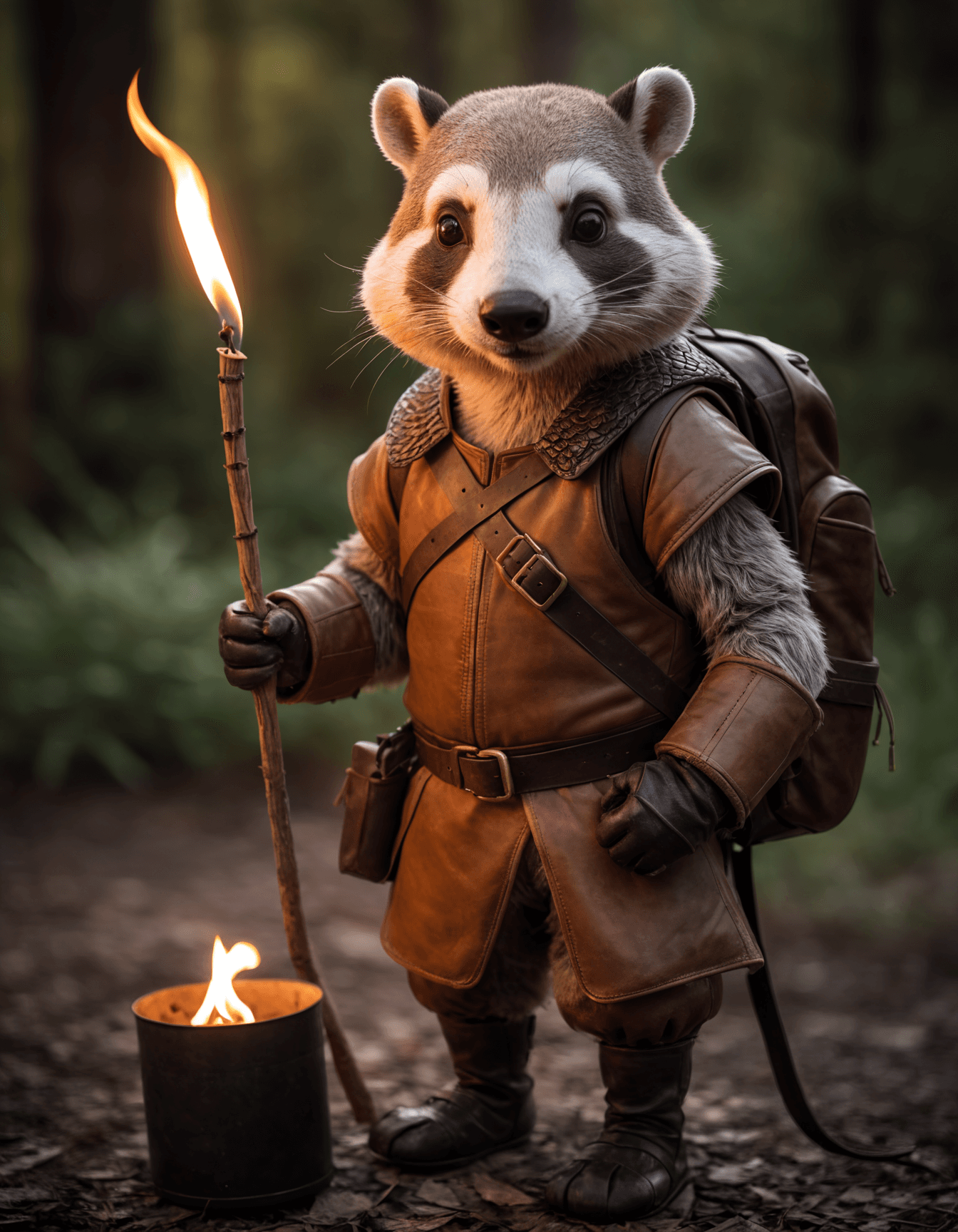 AI generated: cinematic film still awardwinning photo cute gray badger, rust, epic, wearing medieval leather armor...