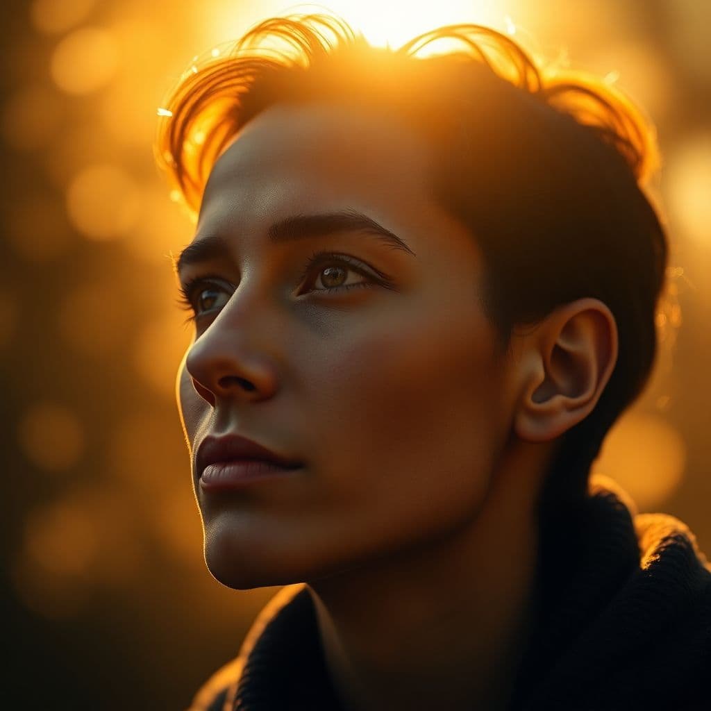 AI generated: A premium profile photo concept: a realistic human face bathed in heavenly light, as if reaching tow...