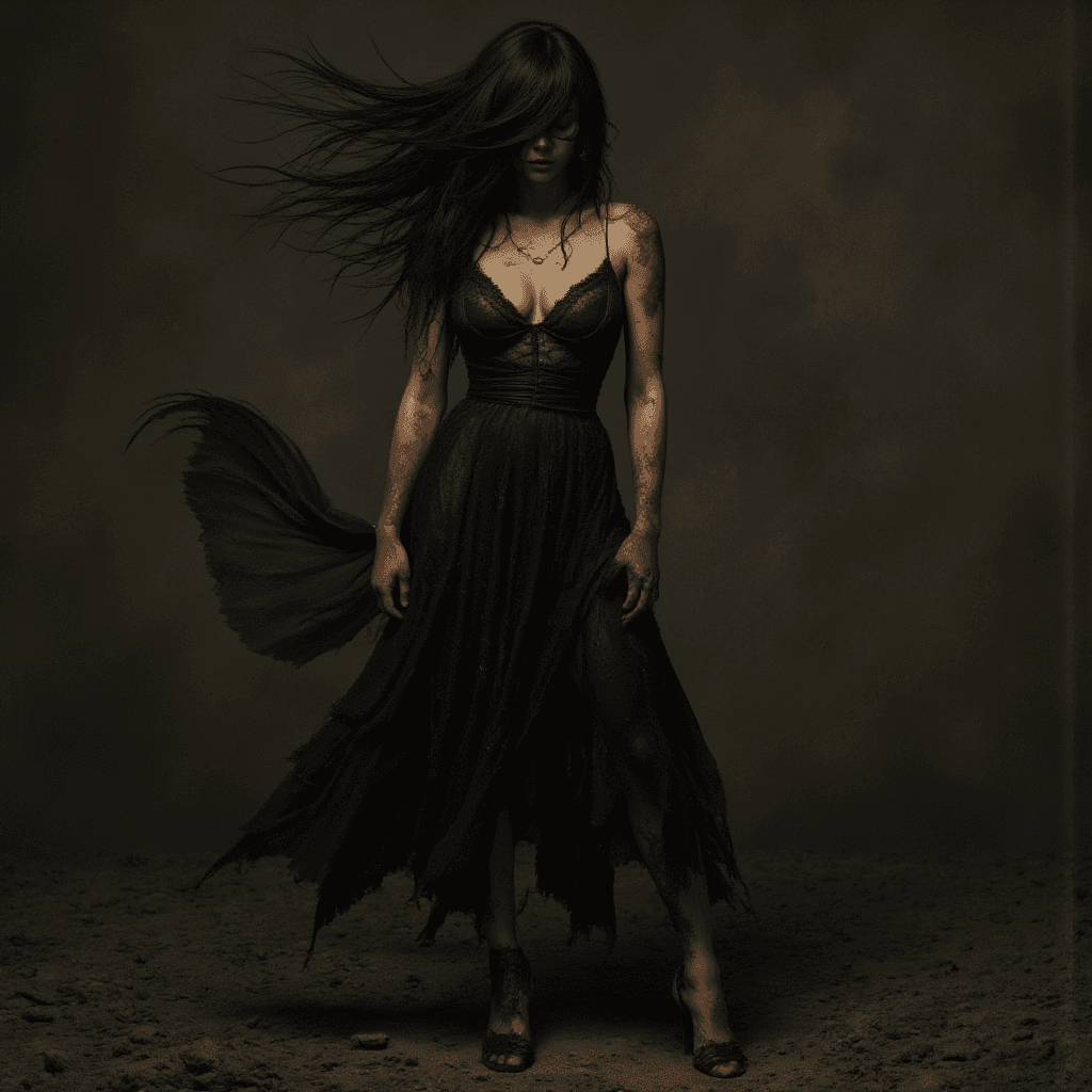 AI generated: Craft an Old Master painting
full body shot of A woman with raven black hair, covered in dirt, wear...