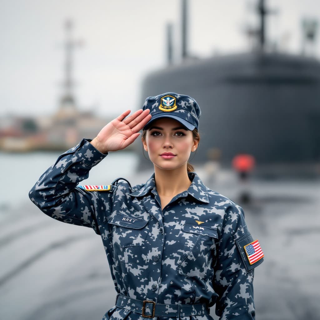 AI generated: “A female Navy soldier standing behind a submarine, saluting with pride, wearing an authentic Navy u...