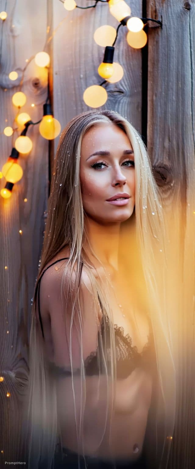 AI generated: A stunningly beautiful woman with long, flowing blonde hair, wearing elegant black lace lingerie, st...