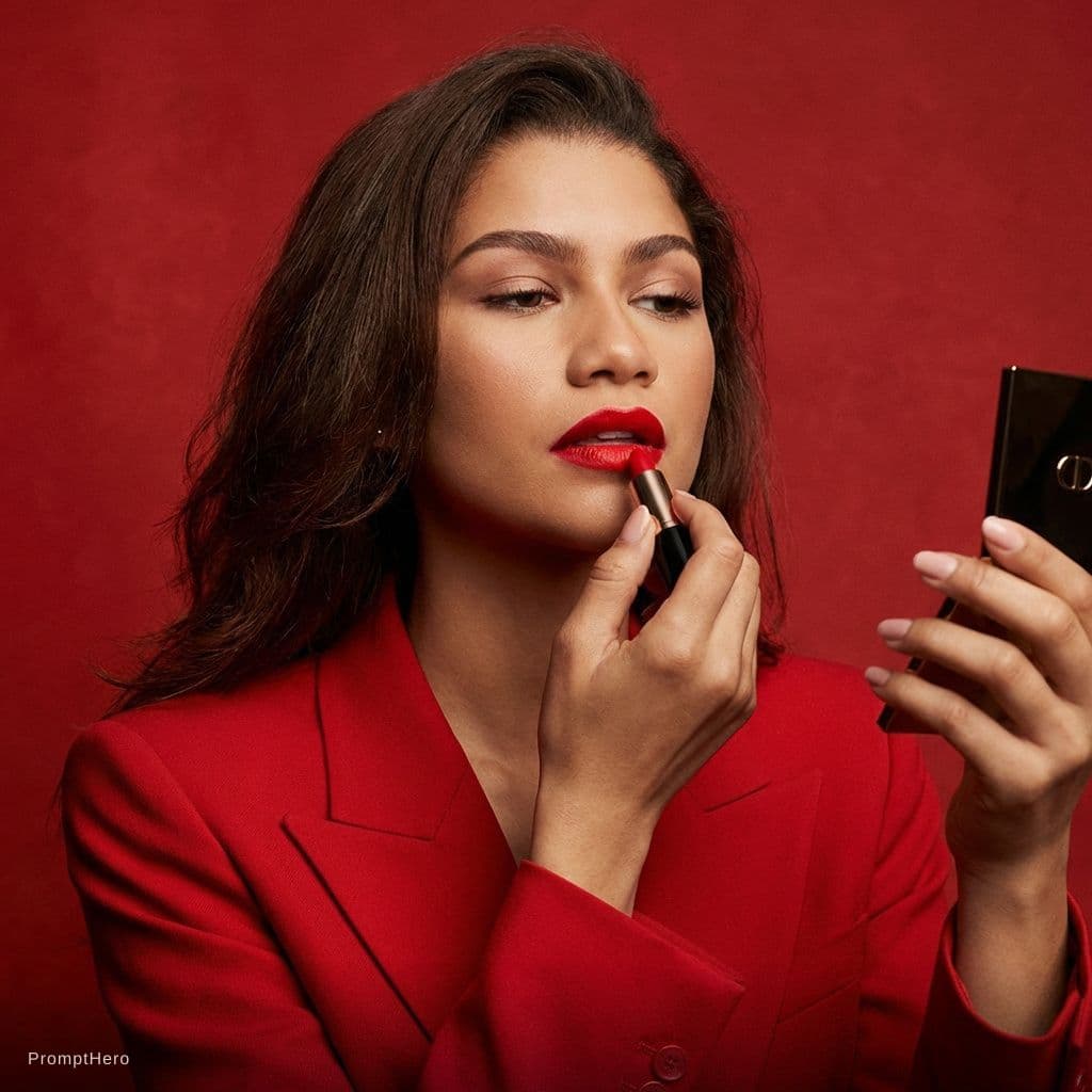AI generated: Zendaya Grabs Her Red Lipstick And Swipe Into The Red Lips At Red Background