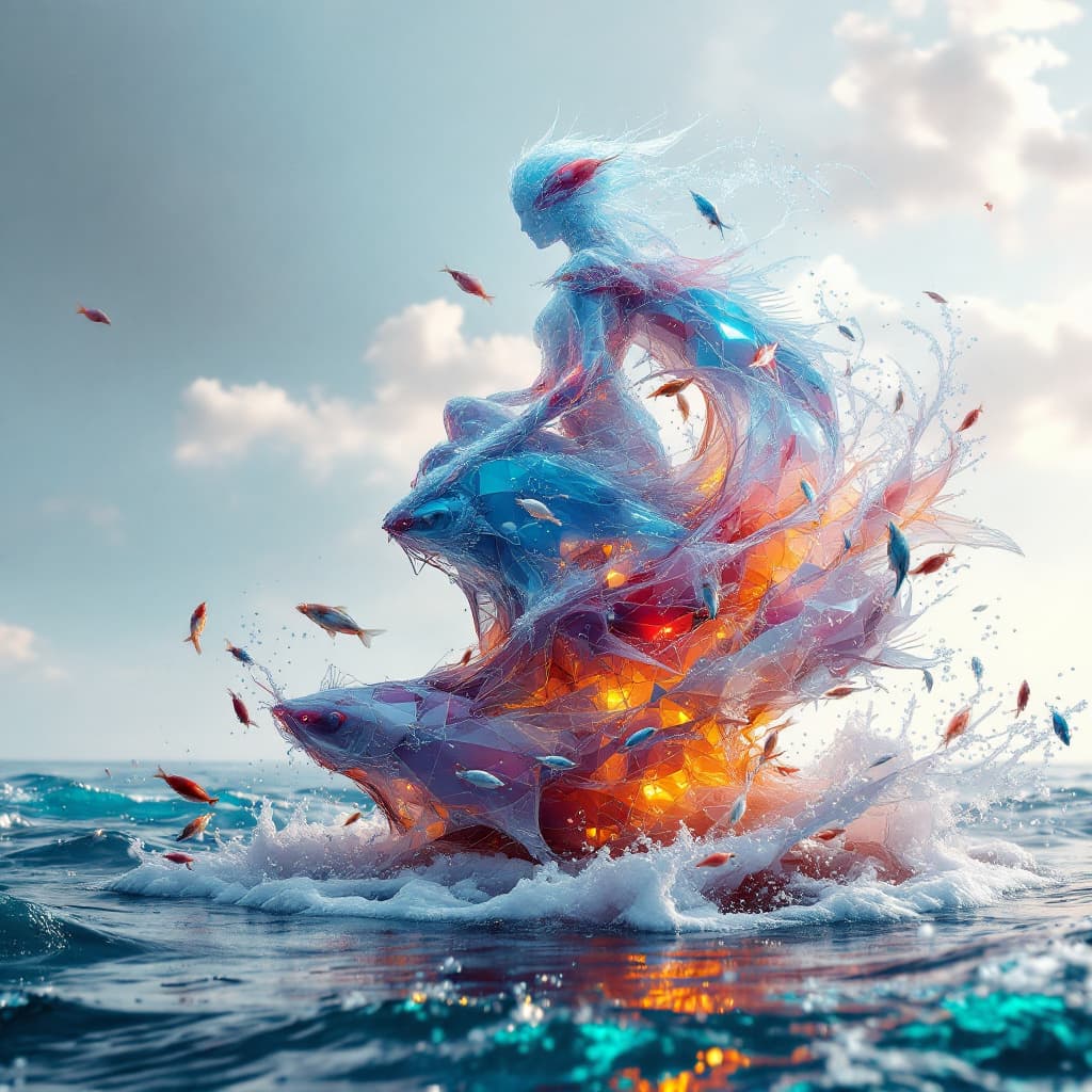 AI generated: Panopticon Hidden Horizons: Arctic Cyber Elves fishes congregation around a water and Tornado water ...