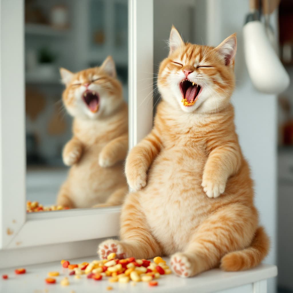AI generated: An anthropomorphic fat short-haired orange cat sits on a white cabinet, leaning on a pile of open sn...