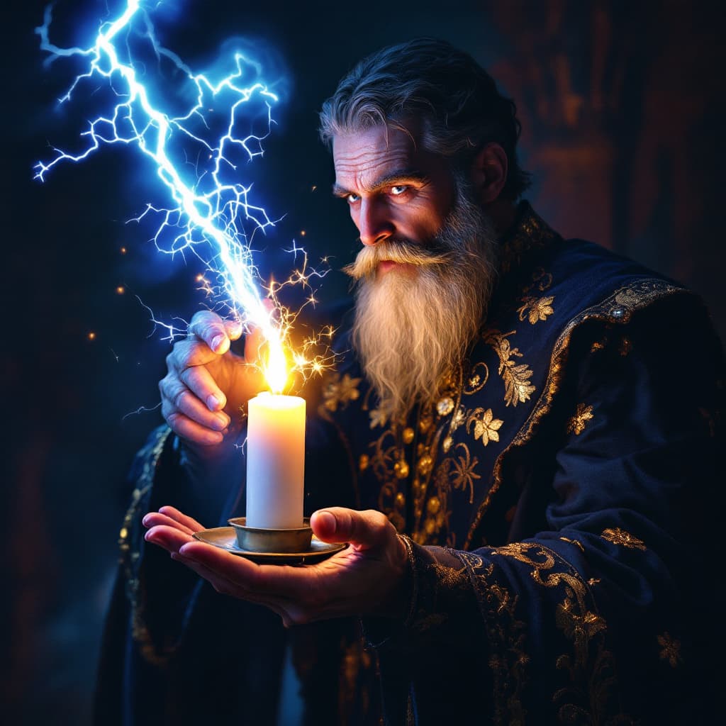 AI generated: Prompt: a sorcerer is lighting a white candle with a lightning emitted from a fingertip, 1920s magic...
