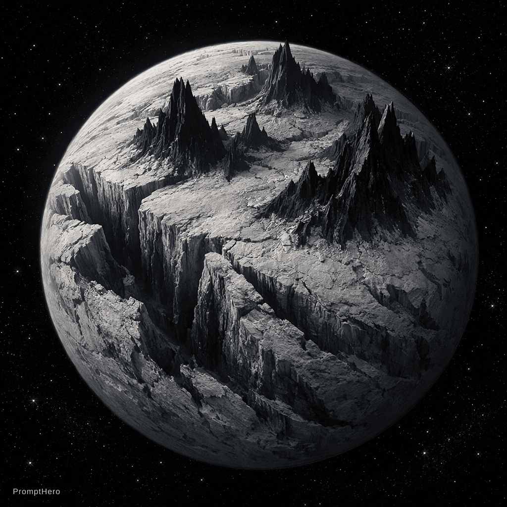 AI generated: a light grey planet with lots of deep canyons and extremely tall black mountains floating in the dar...