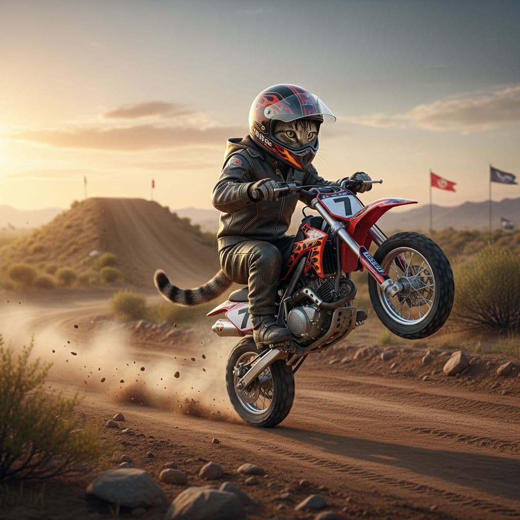 AI generated: Cat do a whellie on the pit bike
