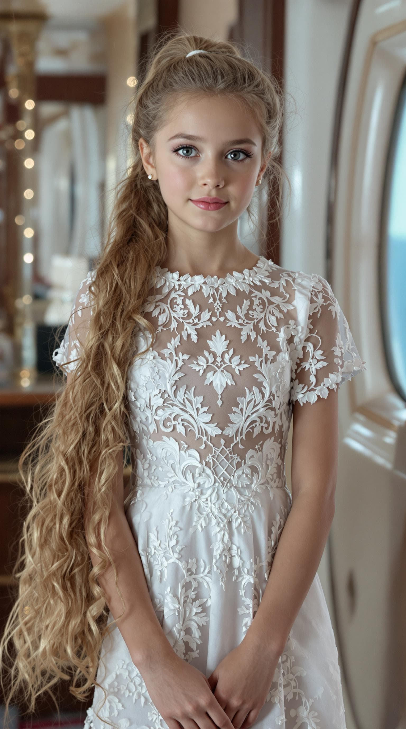 AI generated: a professional photo of a exceptionally beautiful girl aboard the Queen Mary (age 7), (seven year ol...