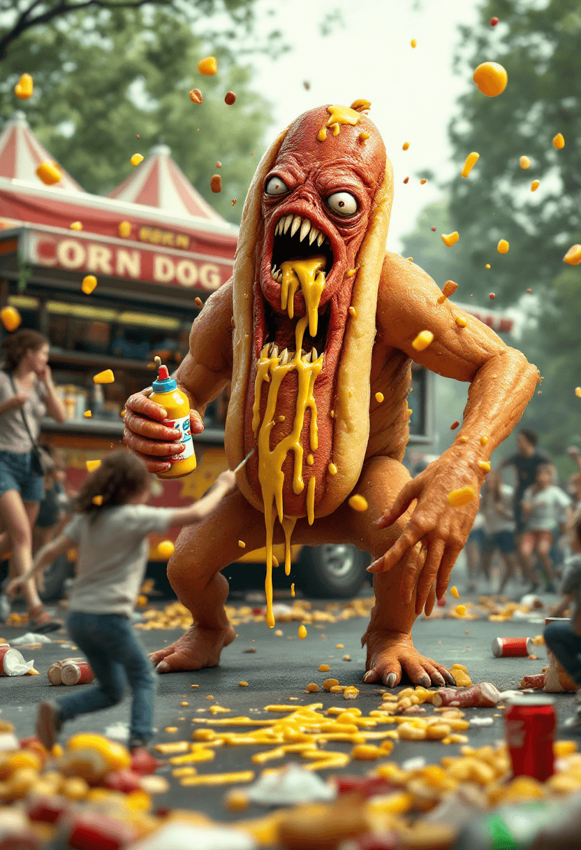 AI generated: A 3D (8K) photorealistic (hyper- detailed) image of a full body, (((corn dog))) monster with a stick...