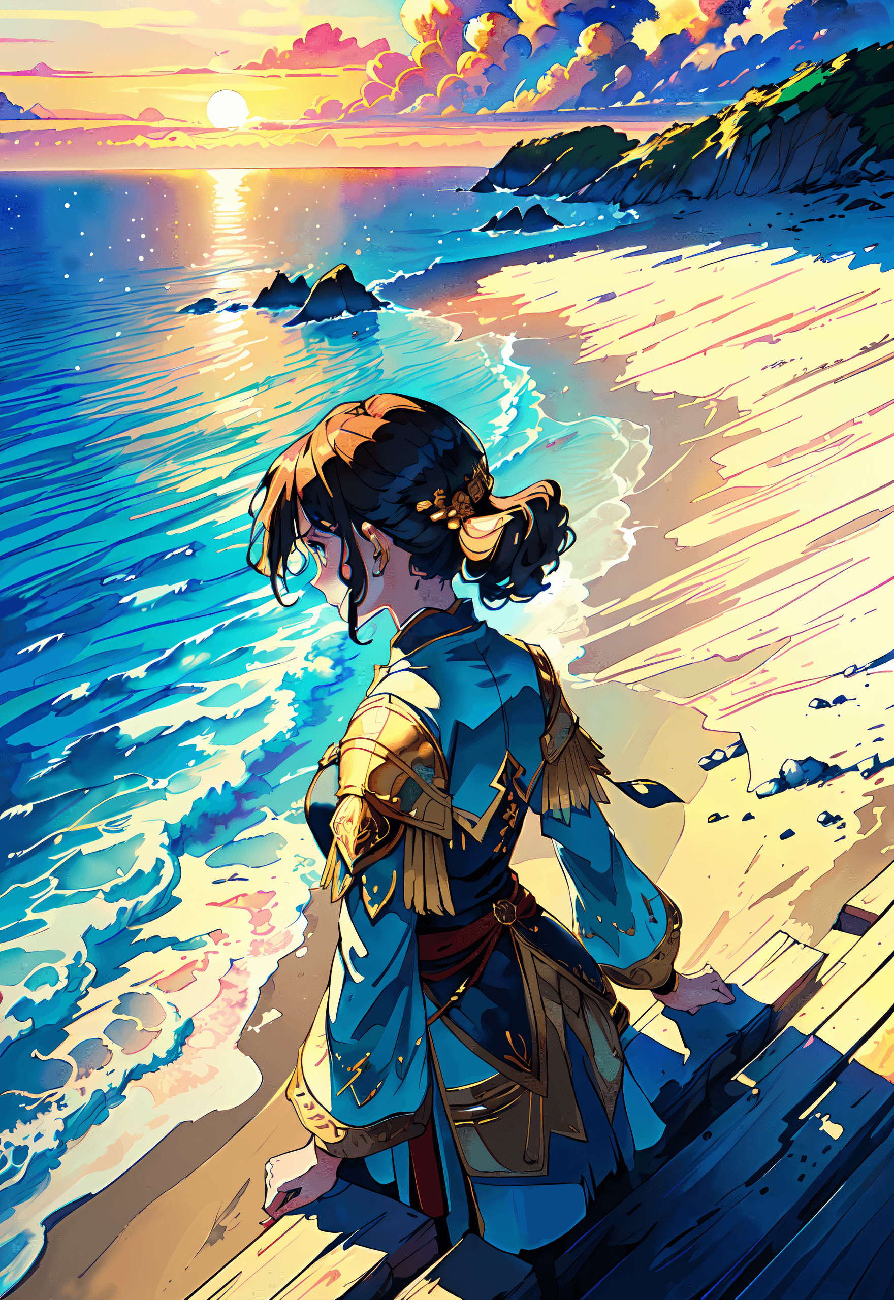 AI generated: watercolor Illustration of a single girl, young sorceress, from afar, from above, isometric view, ul...
