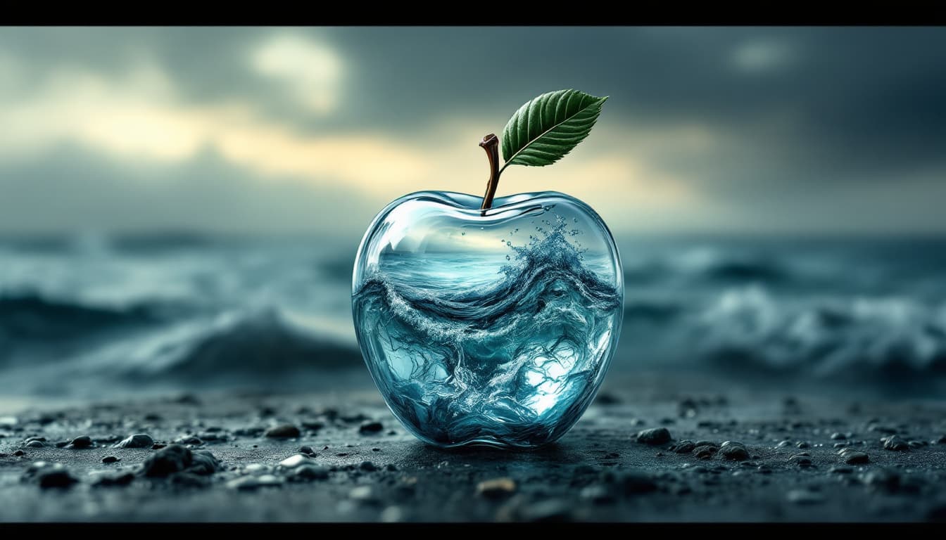 AI generated: Prompt: lovely double exposure image by blending together a stormy sea and a glass apple. The sea sh...