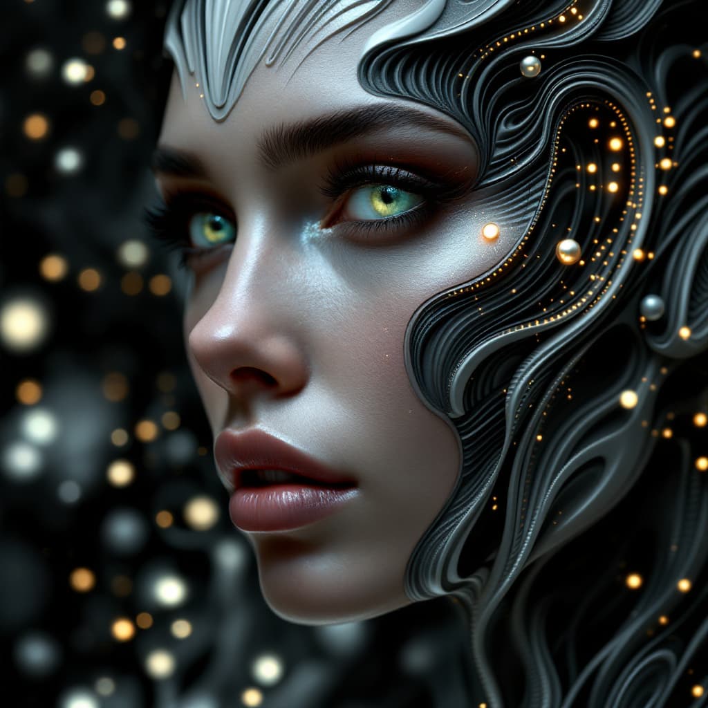 AI generated: Hyper-realistic futuristic portrait of a stunning woman seamlessly merging with a three-dimensional ...