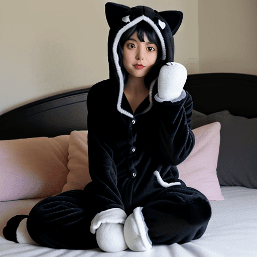 AI generated: black haired girl wearing black kigurumi onesie pajamas, black cat slippers, and black mittens, sitt...