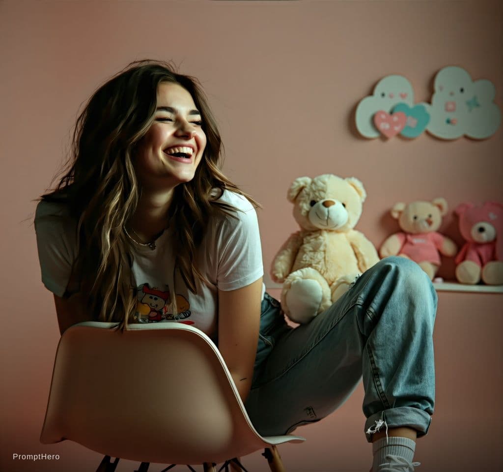 AI generated:  young woman,lingeriemodel,sitting on a chair laughthing,blink,pink,toys and stuffed animals,younges...